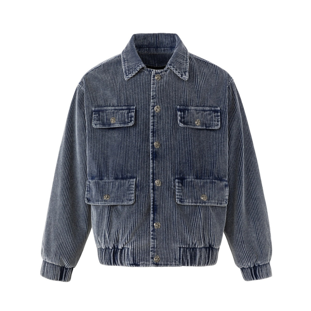 Blue washed corduroy jacket, front view, with four flap pockets, metal buttons and ribbed cuffs and hem