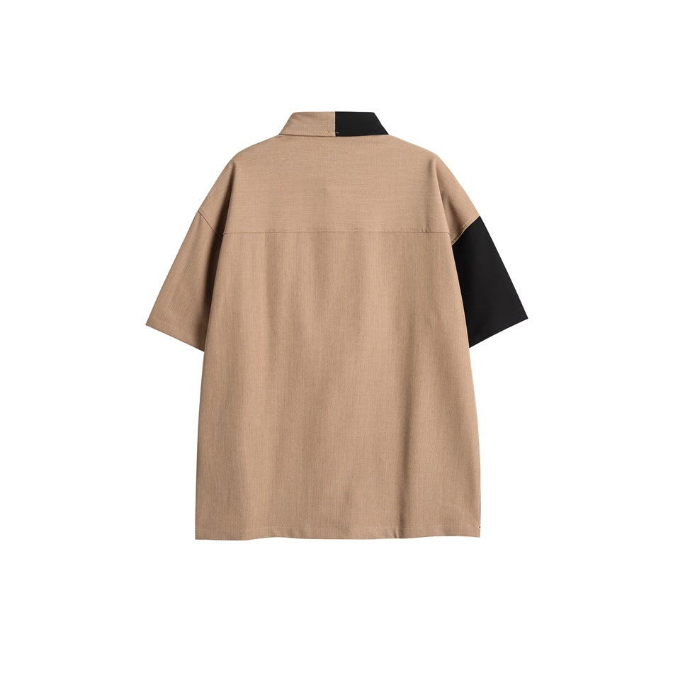 Back of a tan short-sleeve shirt with a black sleeve and collar accent, shown flat against a white background.
