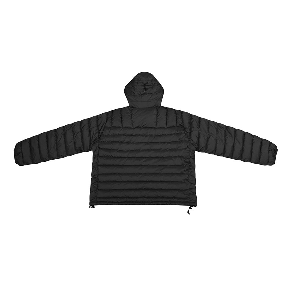Back view of black hooded quilted jacket flat lay with horizontal quilting and hem drawcord toggles