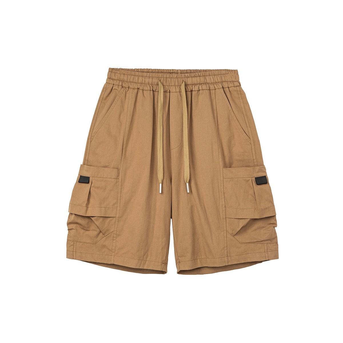 Tan brown cargo shorts flat lay front view with drawstring waist and large leg pockets with black tabs