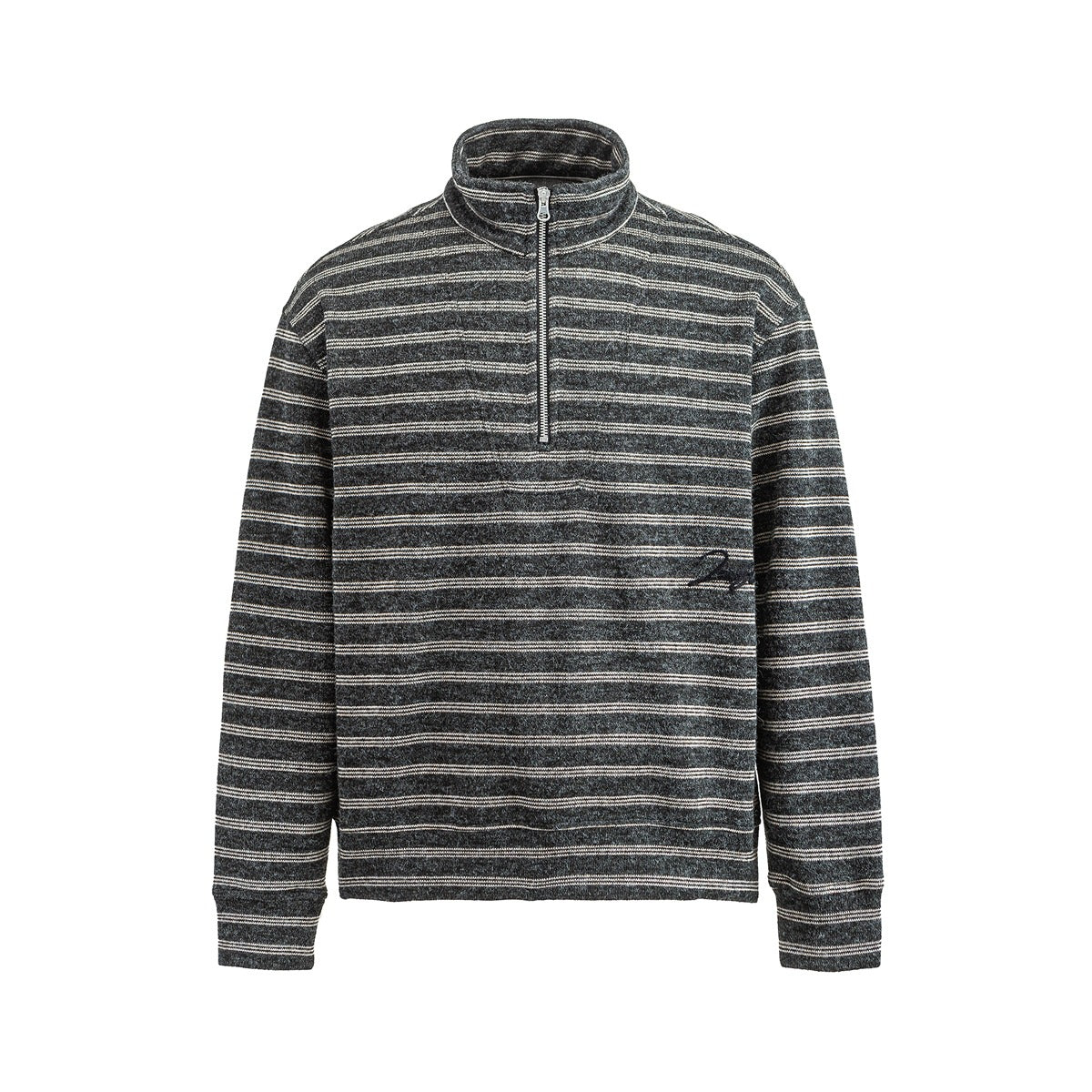 Charcoal and cream striped half-zip stand-collar sweatshirt, flat front view with small embroidered script mark