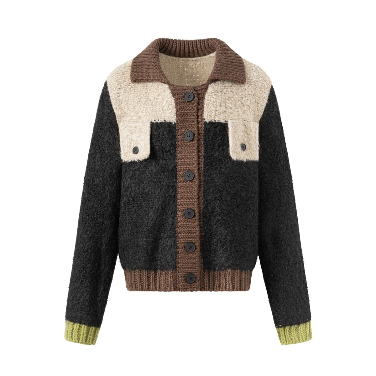 Flat-lay front of a color-block knit jacket with black body, beige yoke, brown collar and placket, and green cuffs