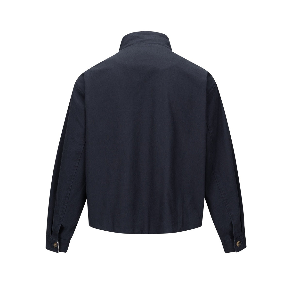 Back view of a navy jacket with a high collar, long sleeves, and buttoned cuffs.