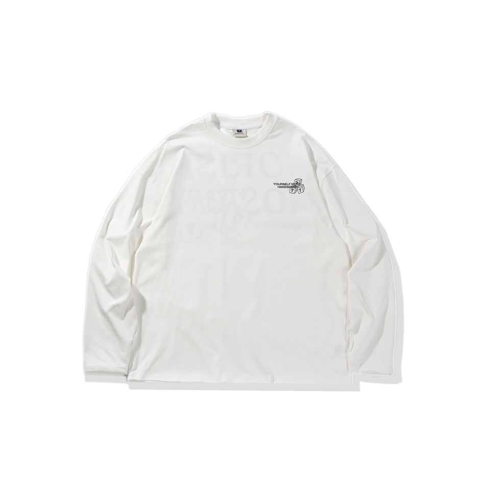 Flat lay of a white long-sleeve crew-neck shirt with a small dark chest graphic.