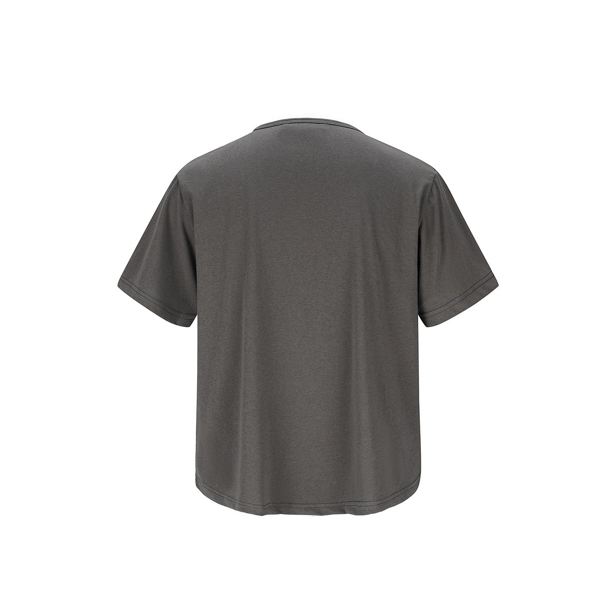 Back view of dark gray short-sleeve T-shirt with crew neckline and curved hem, flat view