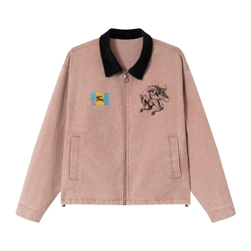 Pink washed-look zip jacket with black corduroy-style collar, side pockets, and chest prints, flat front view