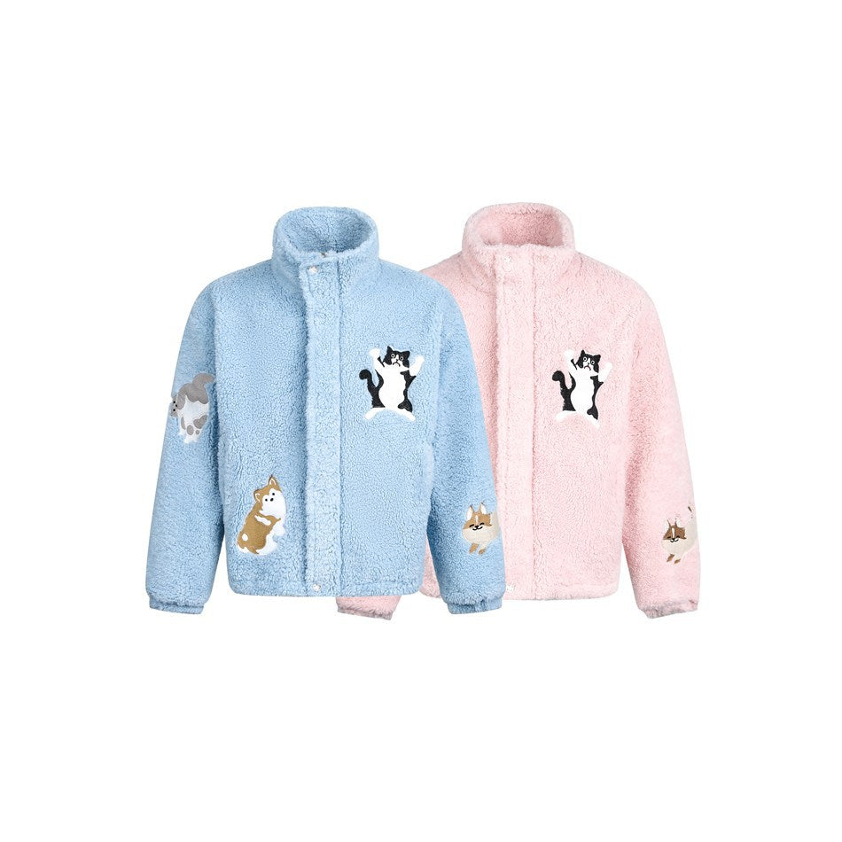 Light blue and pale pink plush jackets shown together, each with a high collar and animal appliqués.