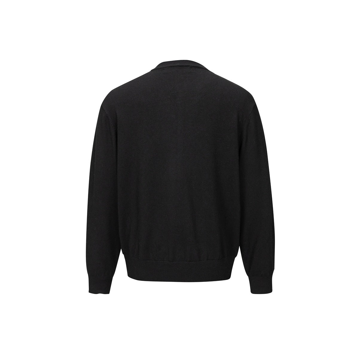 Back view of a black cardigan with long sleeves and ribbed cuffs and hem.