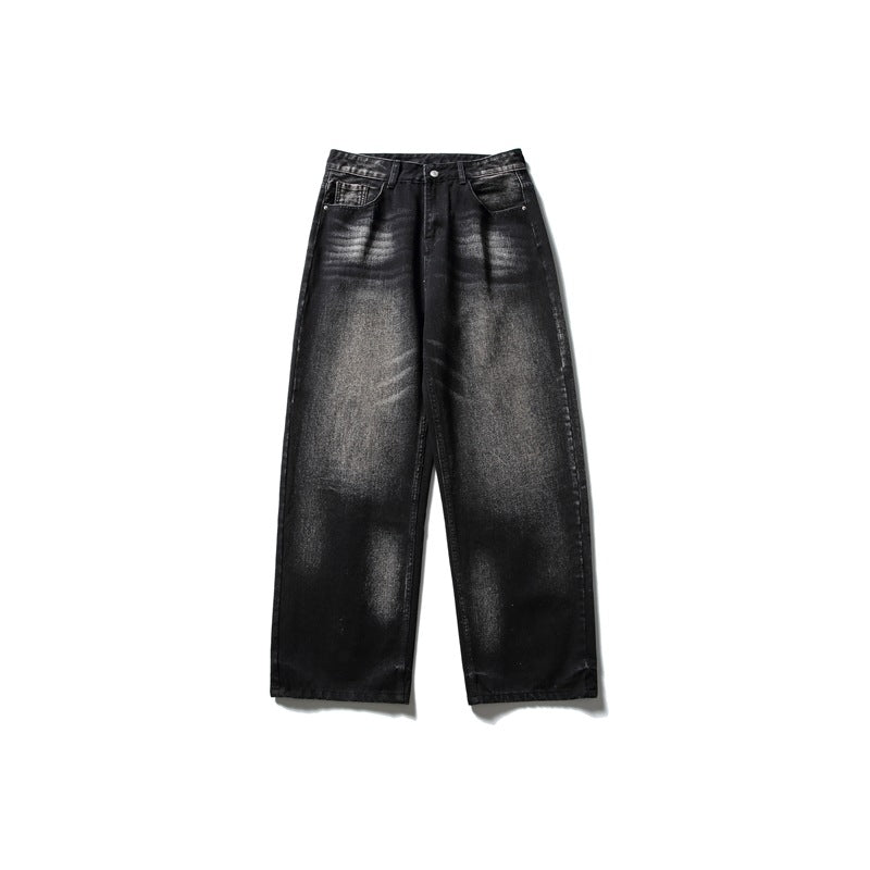 Faded black wide-leg denim jeans with light gray washed areas, flat lay front view