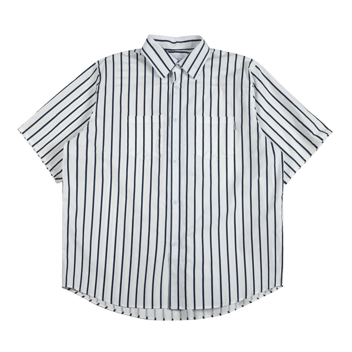 White short-sleeve button-up shirt with navy vertical stripes and two chest pockets, flat lay front
