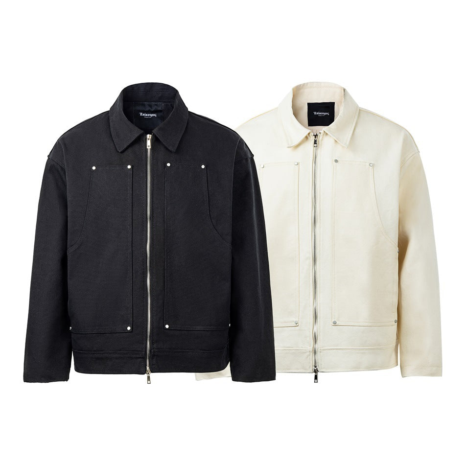 Front view of collared zip jackets in black and ivory, each with two large front pockets.
