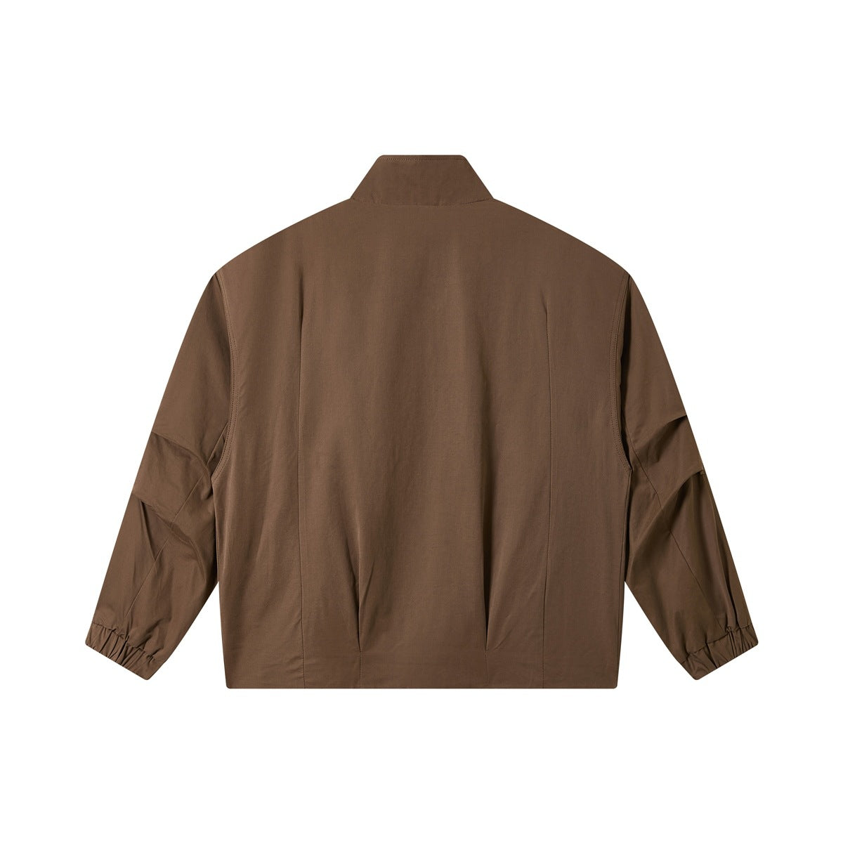 Back view of a brown jacket with a stand collar and gathered cuffs.