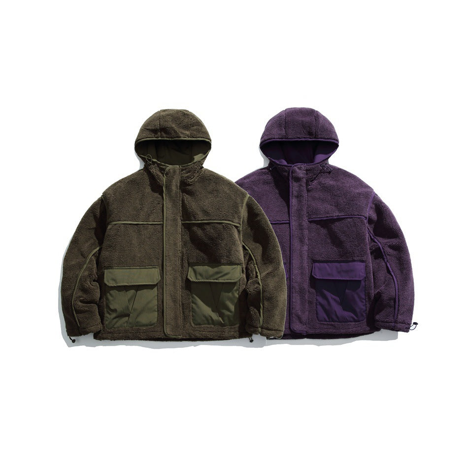 Front view of two hooded fleece jackets: olive green and deep purple, each with large front flap pockets.