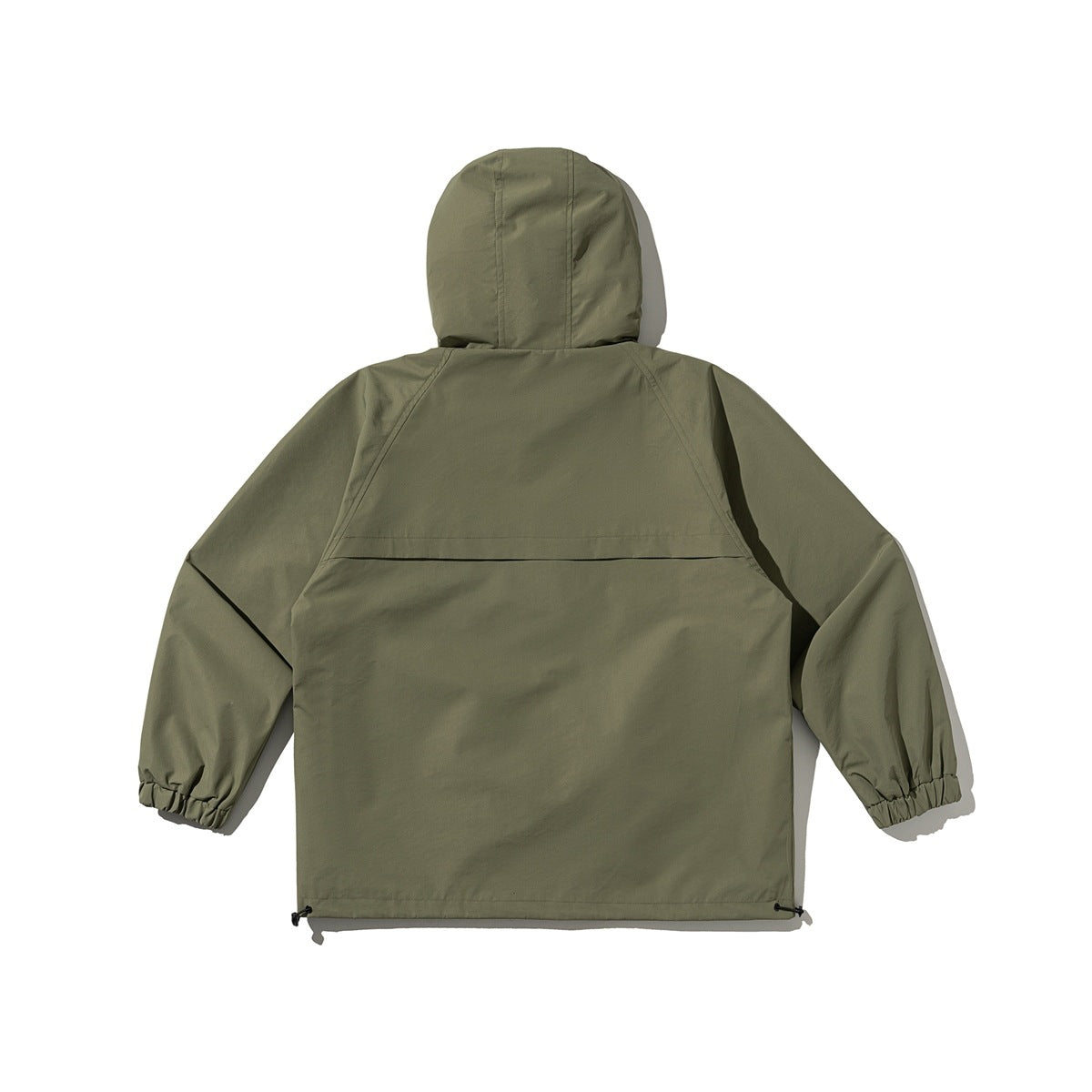 Back view of an olive hooded jacket with a rear yoke, gathered cuffs, and adjustable hem.