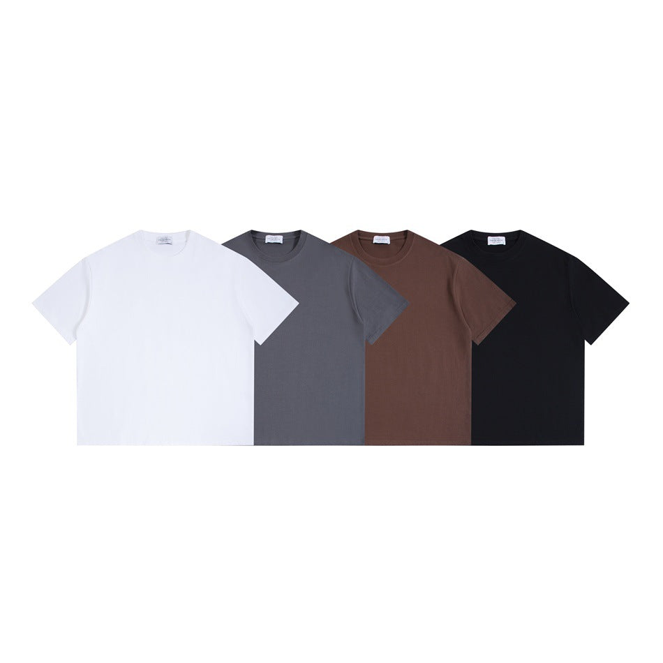 Four plain short-sleeve crew-neck T-shirts arranged together in white, gray, brown, and black.