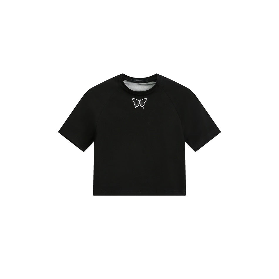 Black cropped short-sleeve raglan T-shirt with a small butterfly motif at the chest, flat view on white