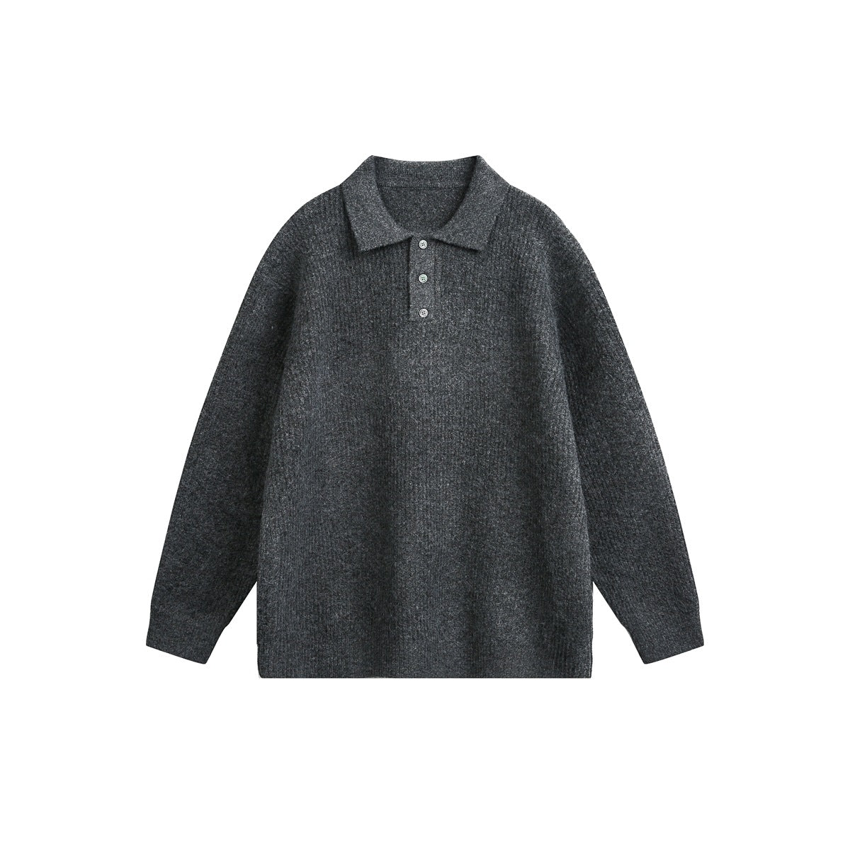 Dark gray heathered knit polo sweater with three buttons, flat front view