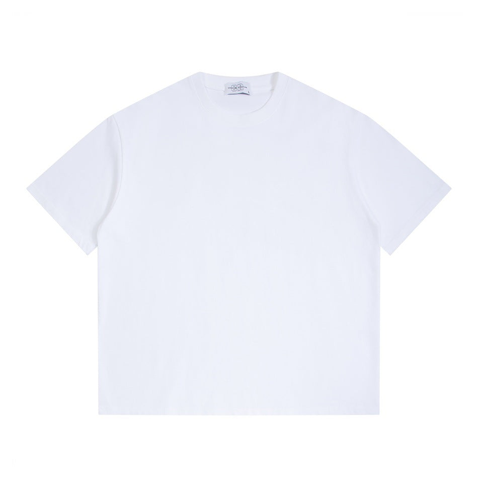 White short-sleeve crew neck T-shirt laid flat, front view, with a small neck label