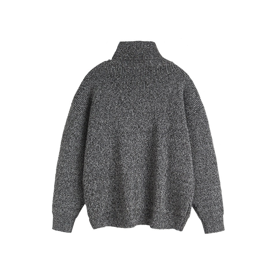 Back view of a charcoal marled knit sweater with a high stand collar and long sleeves.