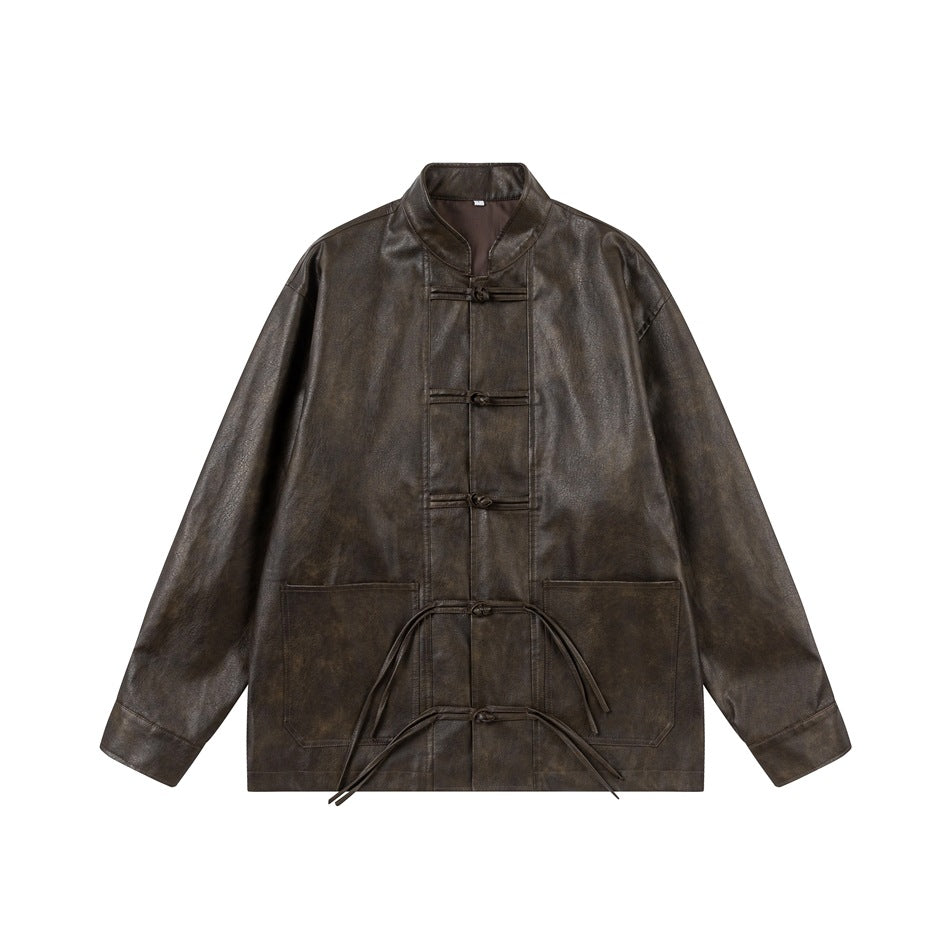 Dark brown distressed faux leather jacket with frog buttons, patch pockets and tassel ties, flat lay front view