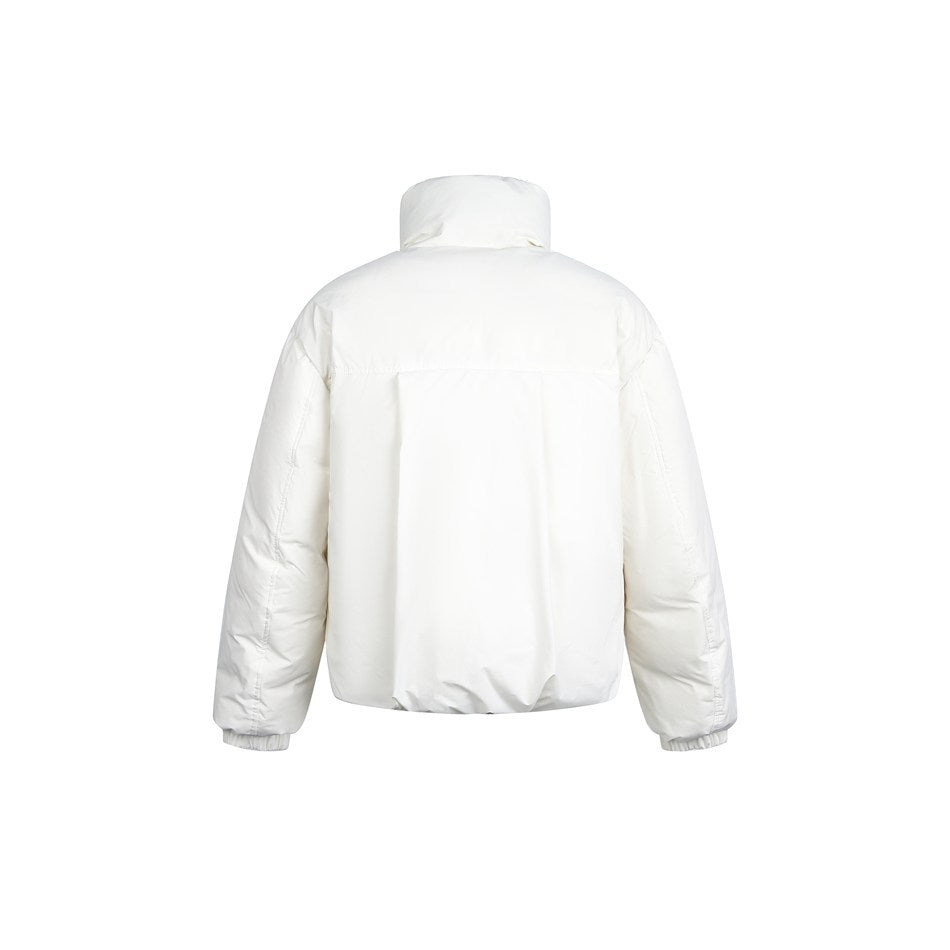 Back view of a white padded jacket with a tall stand collar, long sleeves, elastic cuffs, and a gathered hem.