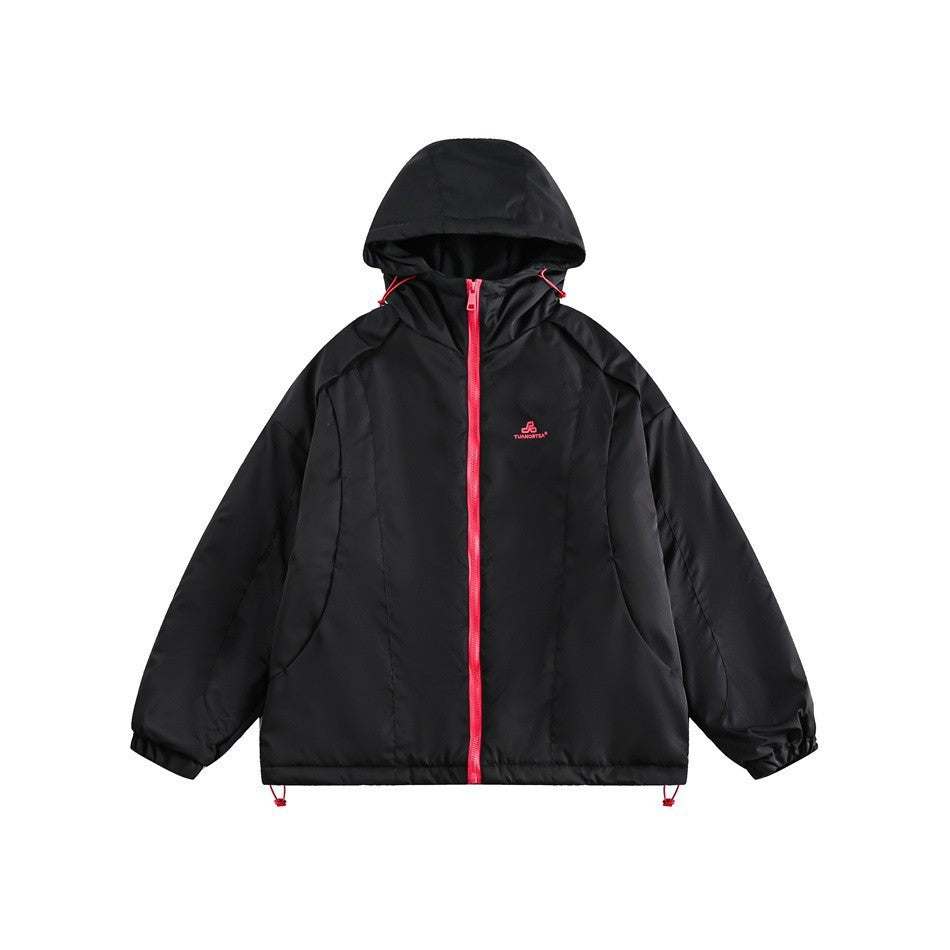 Black hooded zip jacket with red zipper and drawcords, flat front view on white background