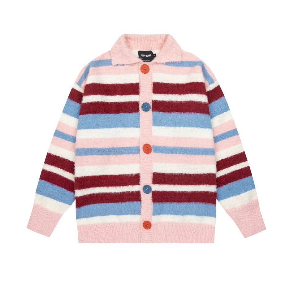 Pink, burgundy, blue and white striped button-front cardigan with collar and colored buttons, flat lay front view