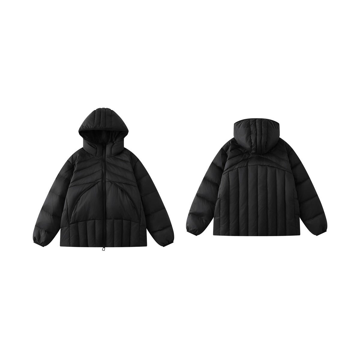 Black hooded quilted jacket shown from the front and back on a white background.