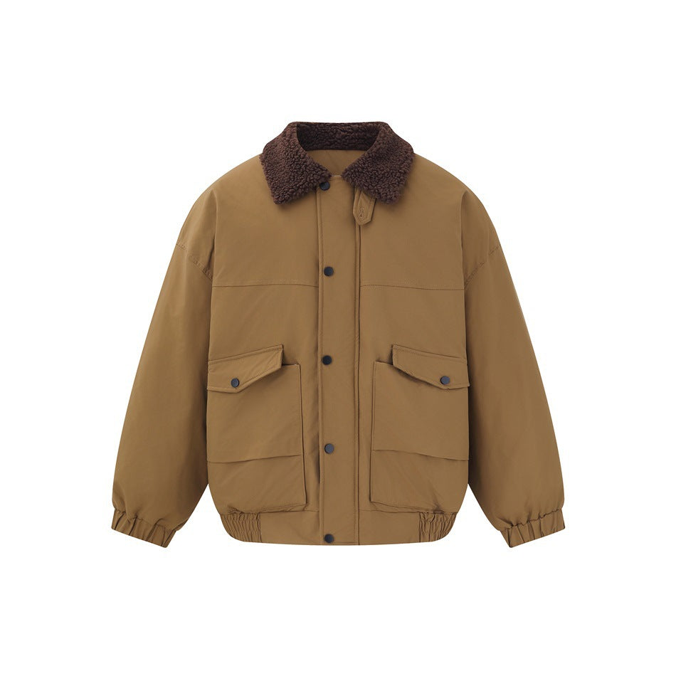 Camel brown bomber-style jacket with dark brown fleece-like collar, snap front, two flap pockets and elastic cuffs