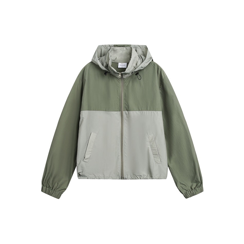 Front view of an olive and light gray color-block hooded jacket with a full-length zipper and two pockets.