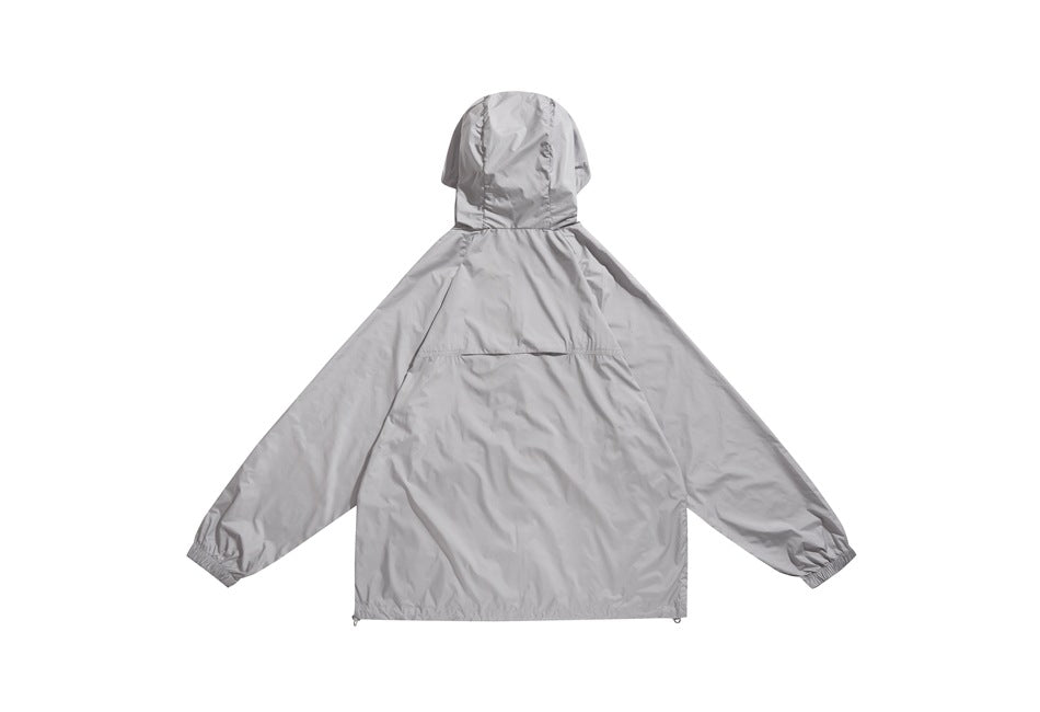 Back view of a light gray hooded jacket with long sleeves, elastic cuffs, and a horizontal upper-back seam.