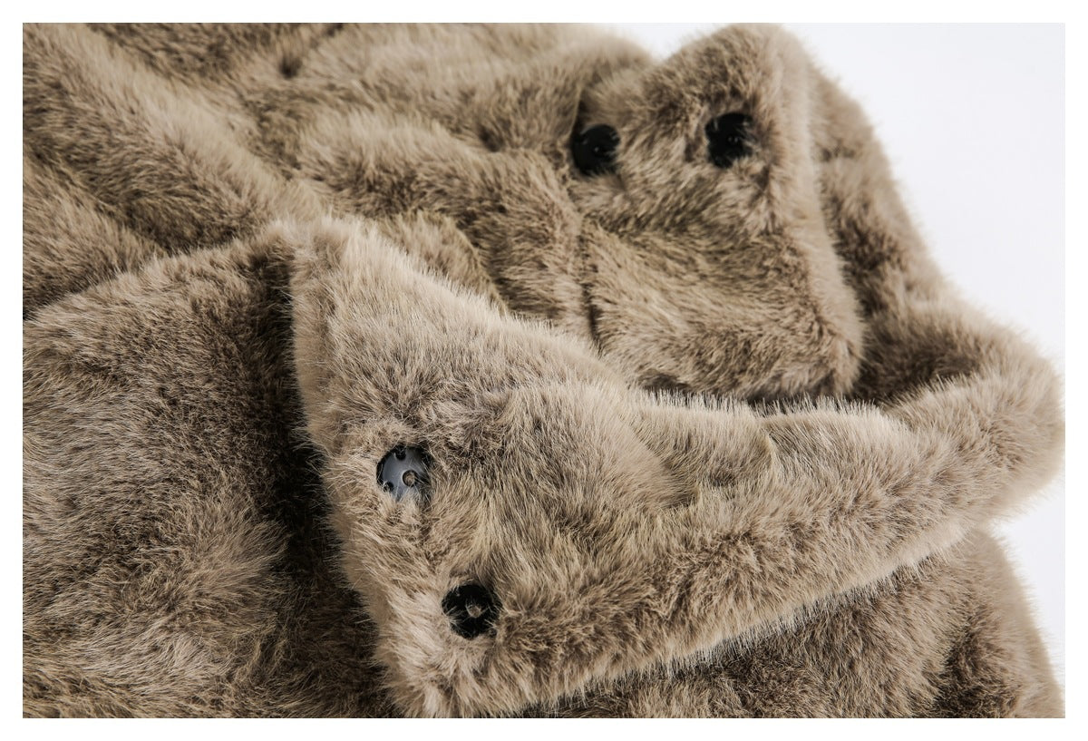 Close-up of a taupe-brown faux-fur coat collar with dark buttons.