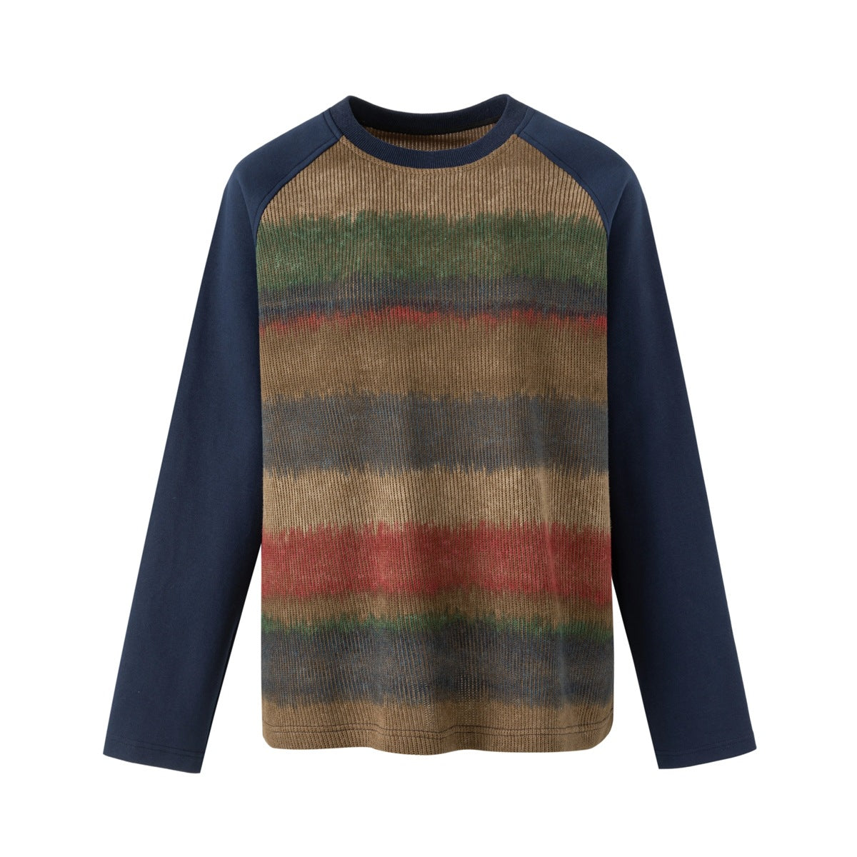 Navy blue raglan long-sleeve top with blurred brown, green, red and gray striped knit-look front, flat view