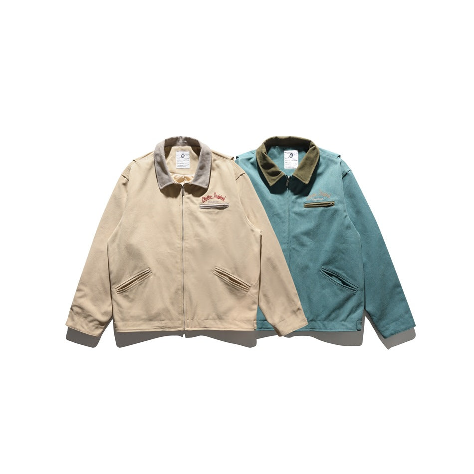 Two zip-front jackets shown from the front: one beige with a taupe collar and one teal with a dark olive collar.