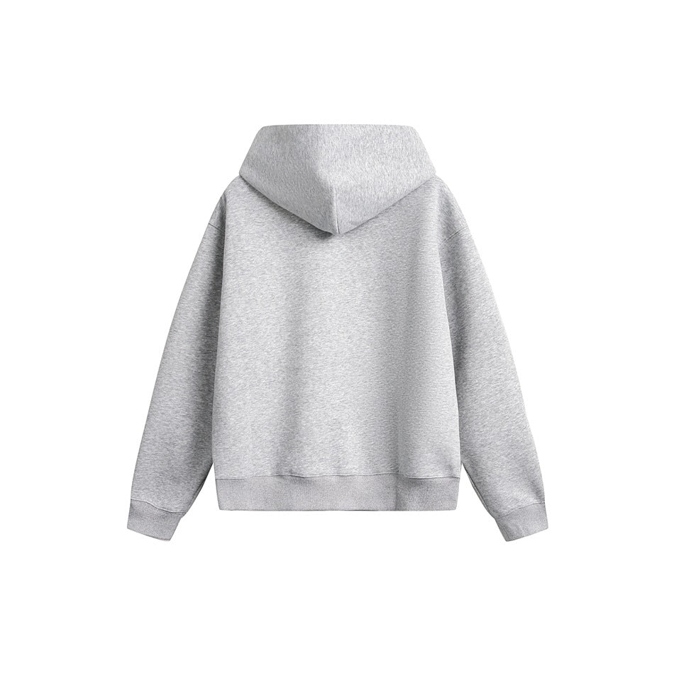 Back view of a light gray hooded sweatshirt with long sleeves, ribbed cuffs and hem, shown flat on white.