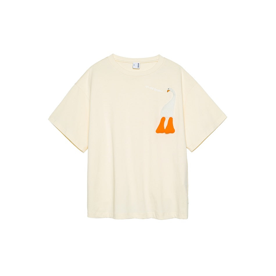 Off-white short-sleeve crew-neck T-shirt with a 3D goose appliqué with orange feet on the chest, flat front view