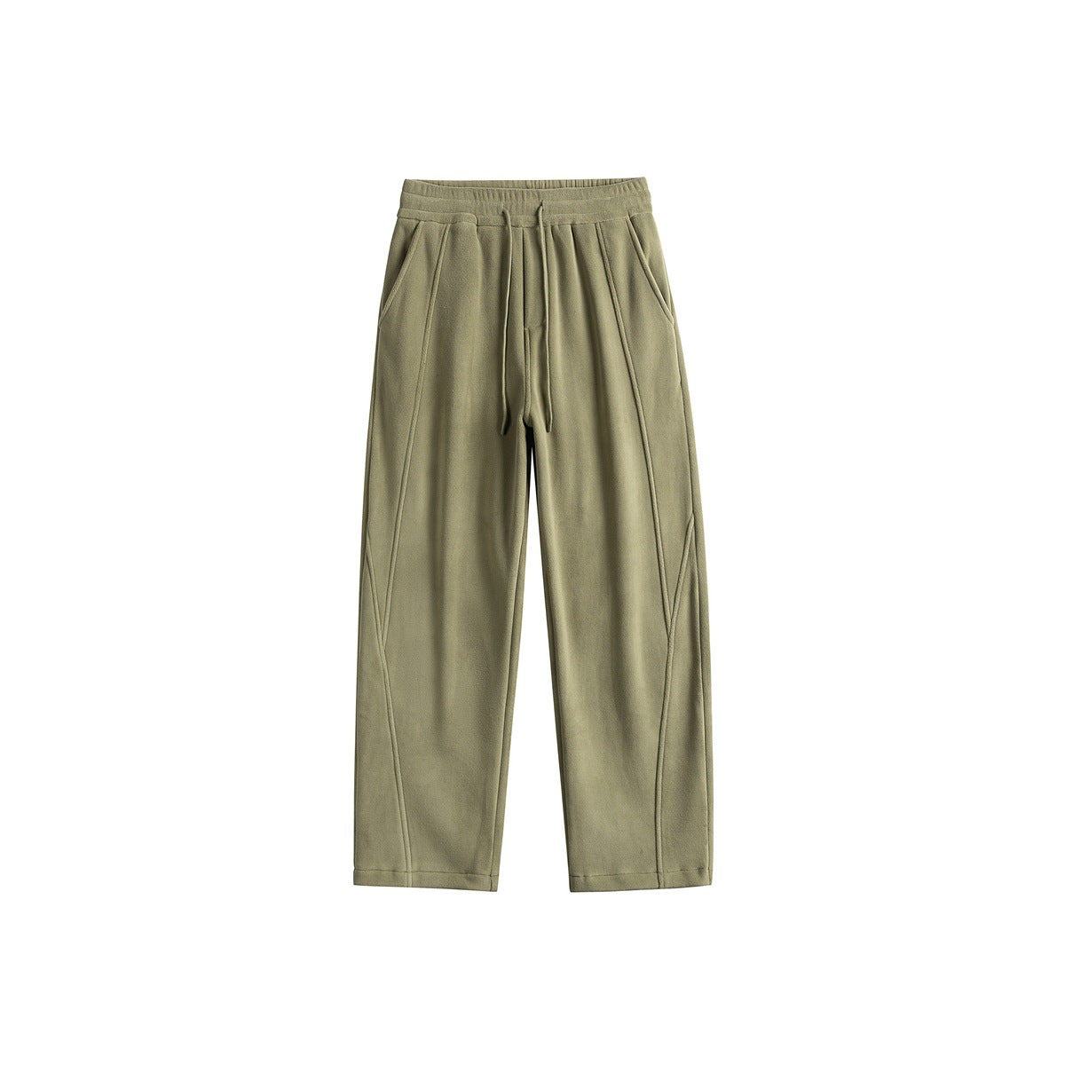 Olive green wide-leg drawstring sweatpants, flat front view with curved seams and side pockets