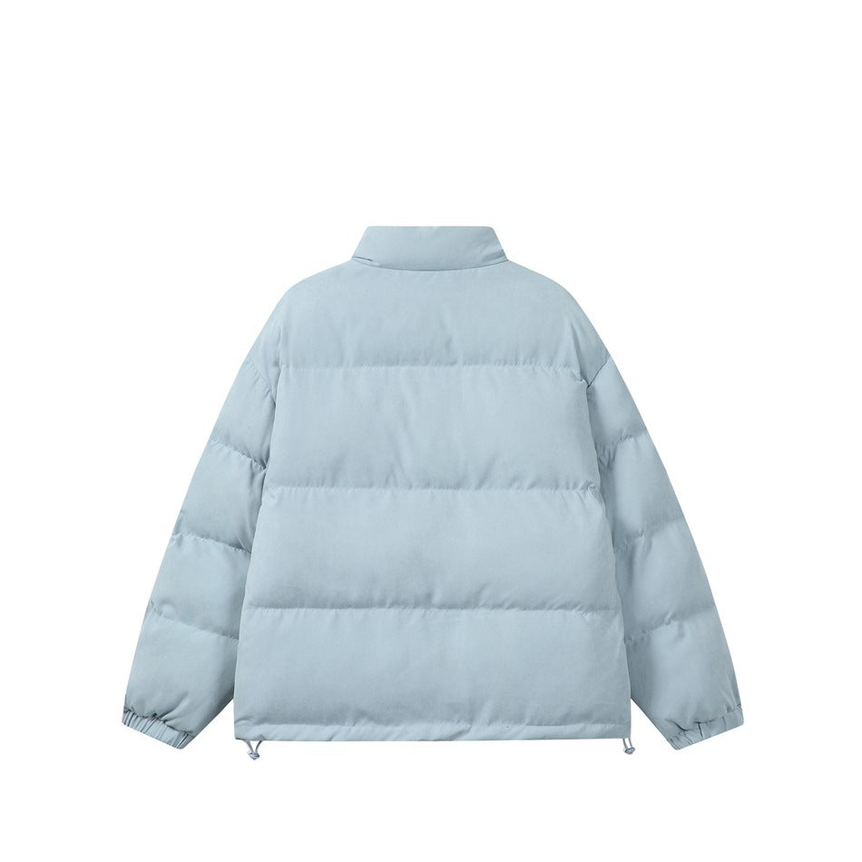Back view of a pale blue padded jacket with horizontal quilting, elastic cuffs, and adjustable hem cords.