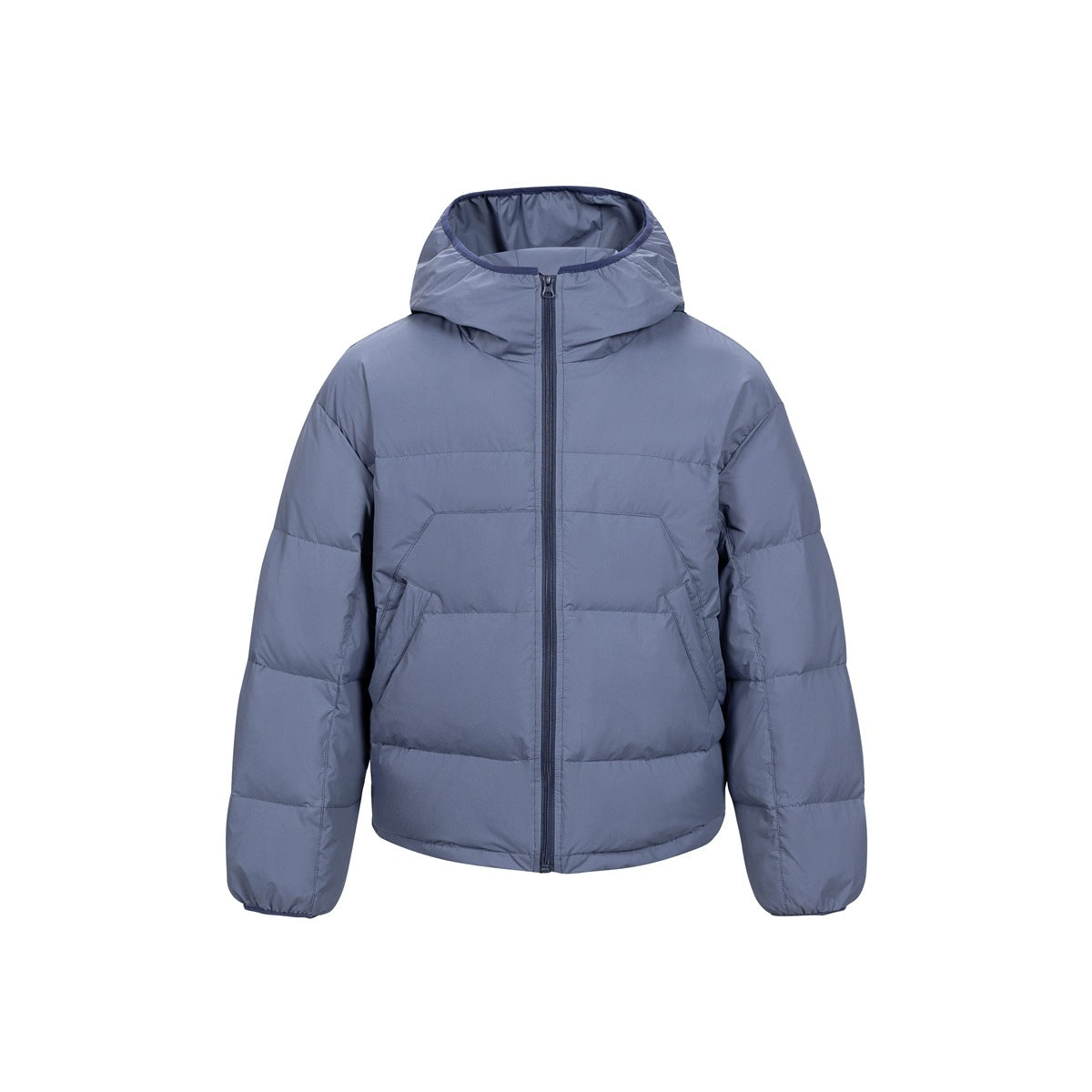 Blue-purple hooded puffer-style jacket with front zipper and angled pockets, shown flat from the front