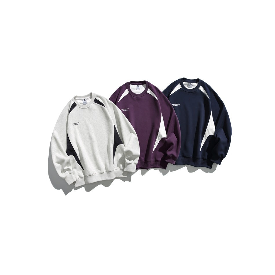 Three crewneck sweatshirts with contrasting panels in light gray, purple, and navy blue.