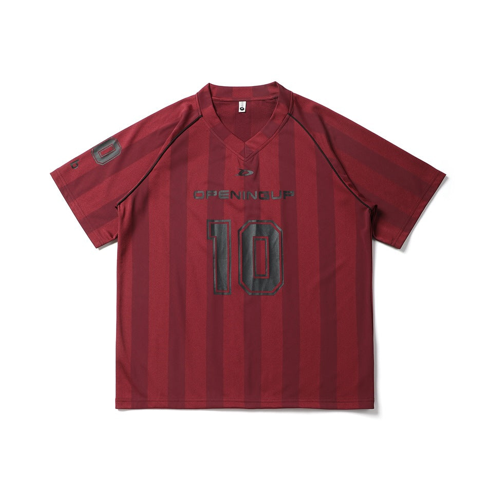 Burgundy striped short-sleeve V-neck jersey-style tee with black number 10 print and piping, flat lay front view