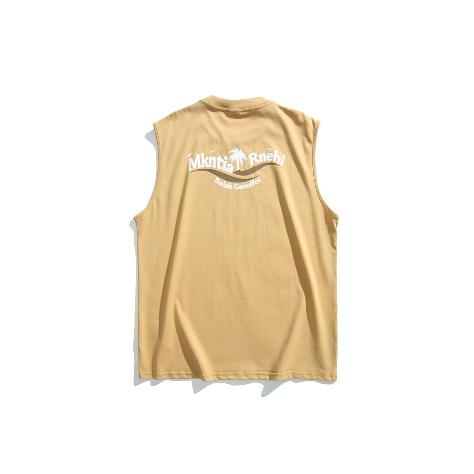 Yellow sleeveless crew-neck tank top, back view with white palm tree and wave graphic print