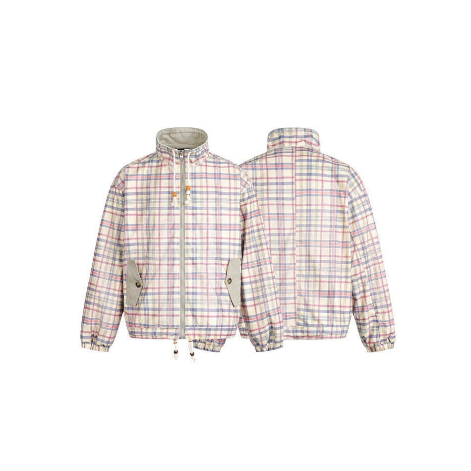 Pastel plaid zip jacket shown from the front and back, with a stand collar, gray-trimmed pockets, and an elastic hem.