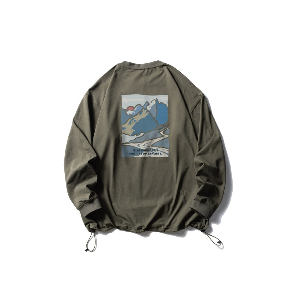 Olive gray long-sleeve crewneck pullover with an adjustable drawcord hem and a colorful mountain graphic printed on the back.