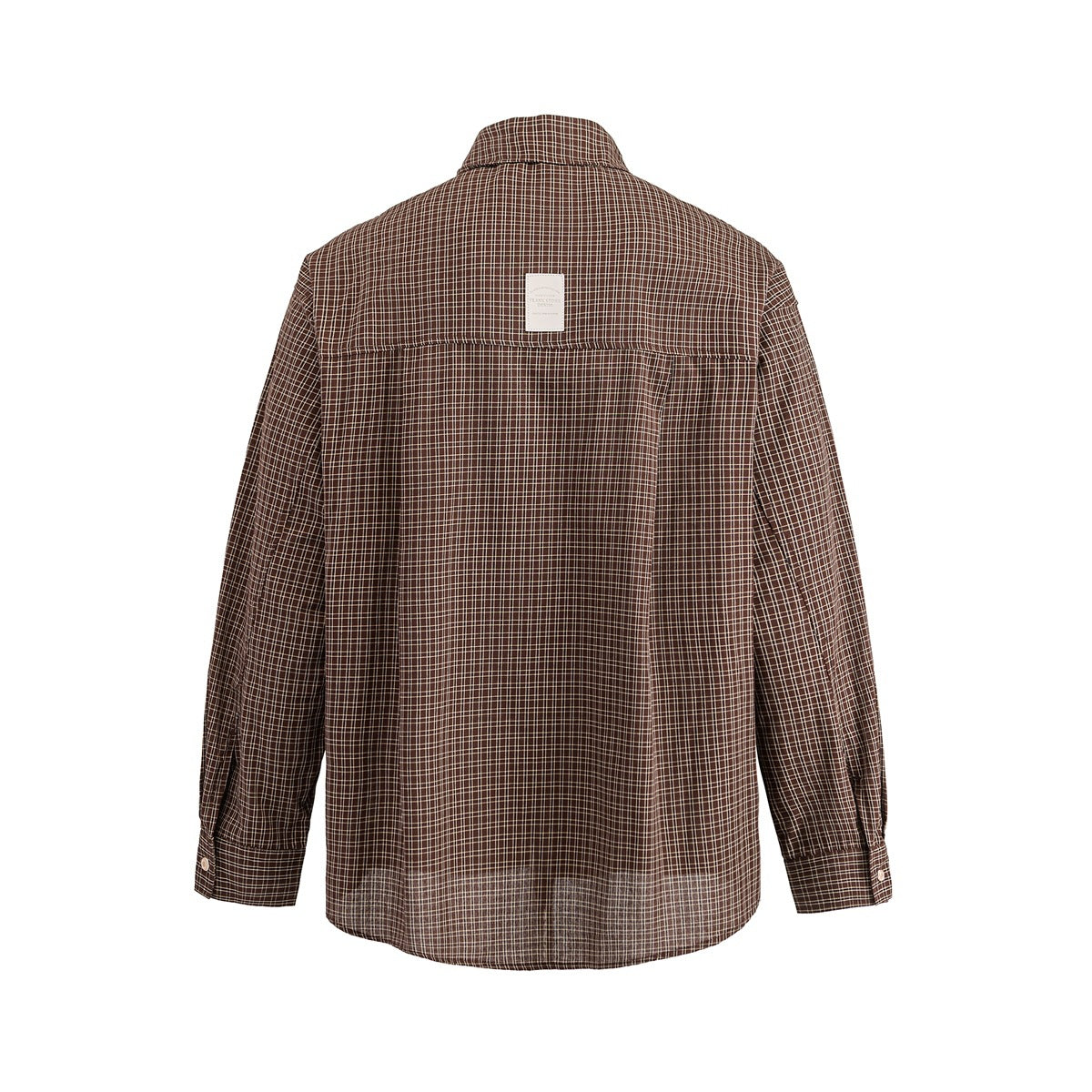 Back view of a brown plaid long-sleeve button-up shirt against a white background.