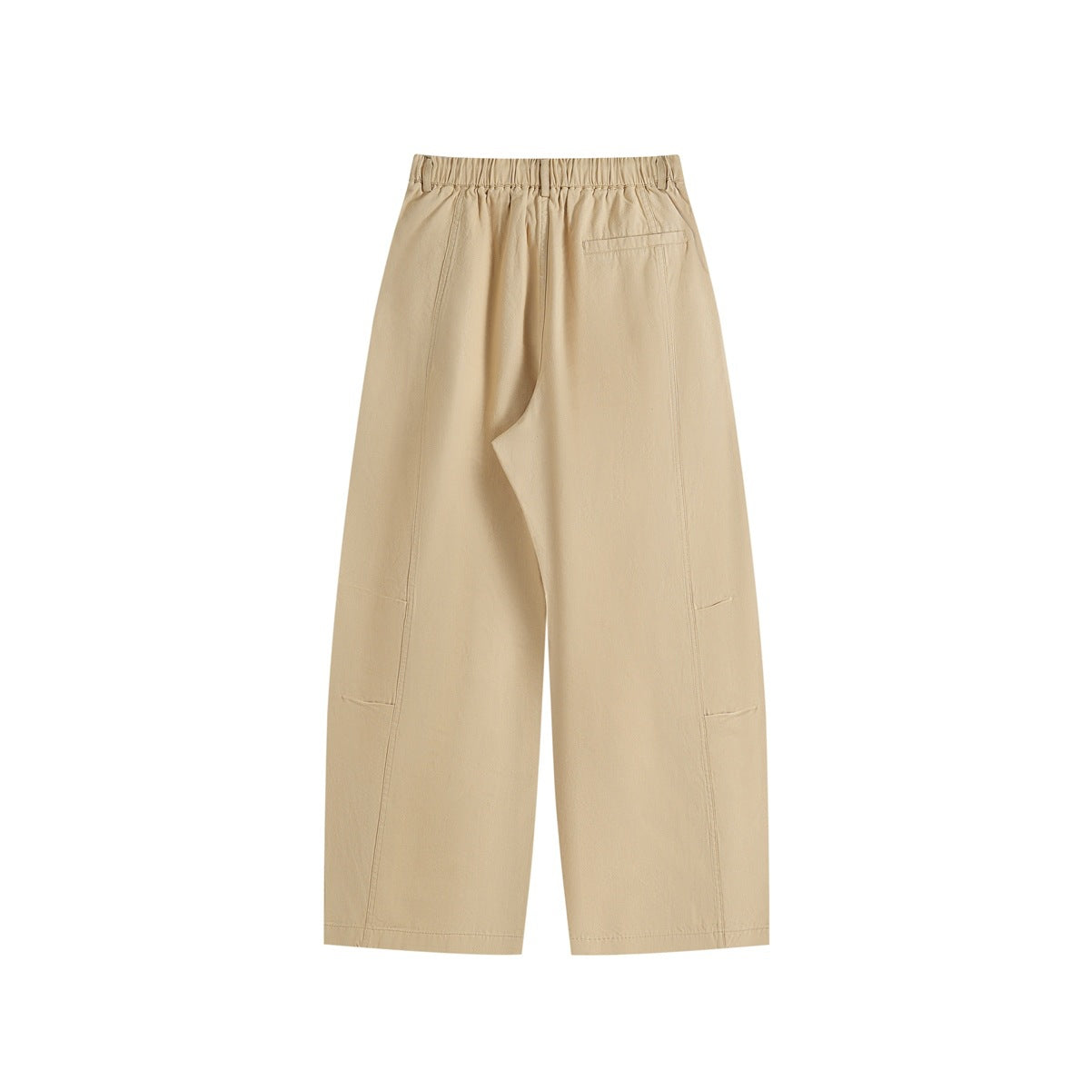 Full view of beige wide-leg trousers with an elastic waistband and a welt pocket on the back.