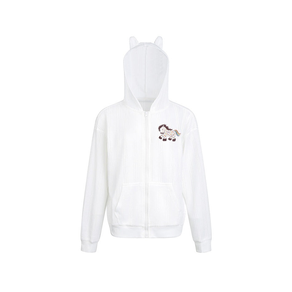White zip-up hooded jacket with ear-shaped hood points, textured stripes and an embroidered pony on the chest