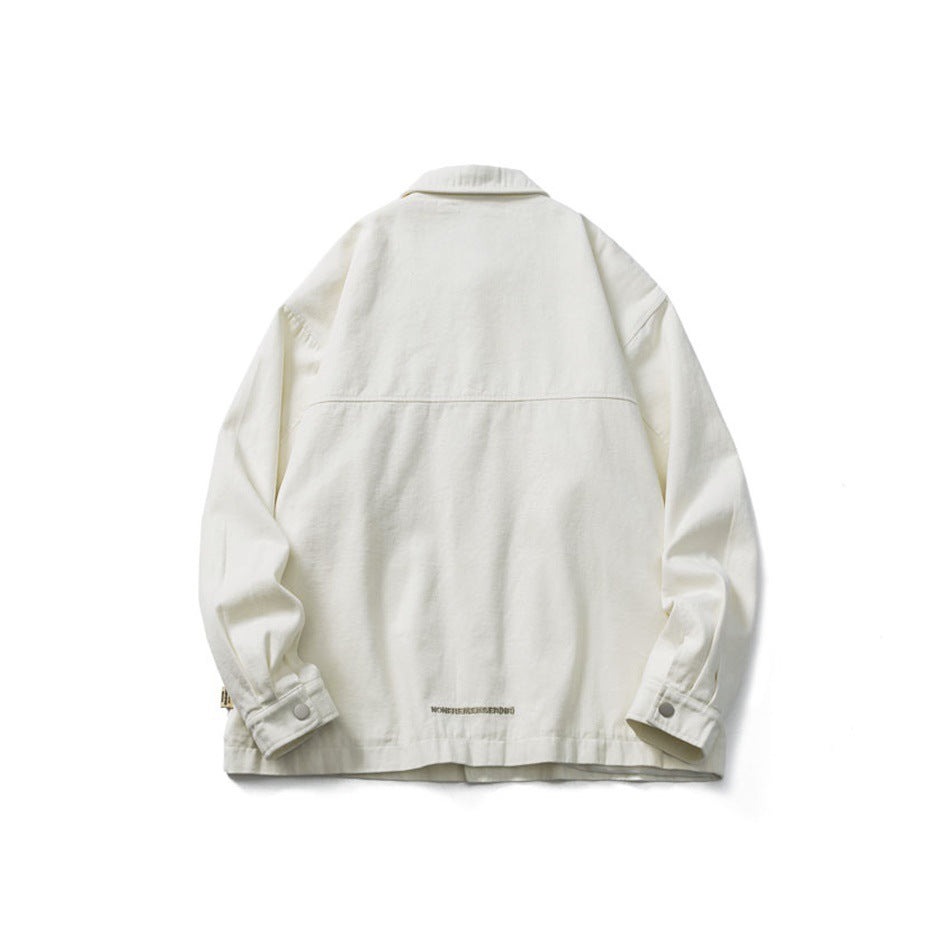 Back view of off-white collared jacket with back yoke seam, snap cuffs and small embroidered text near the hem
