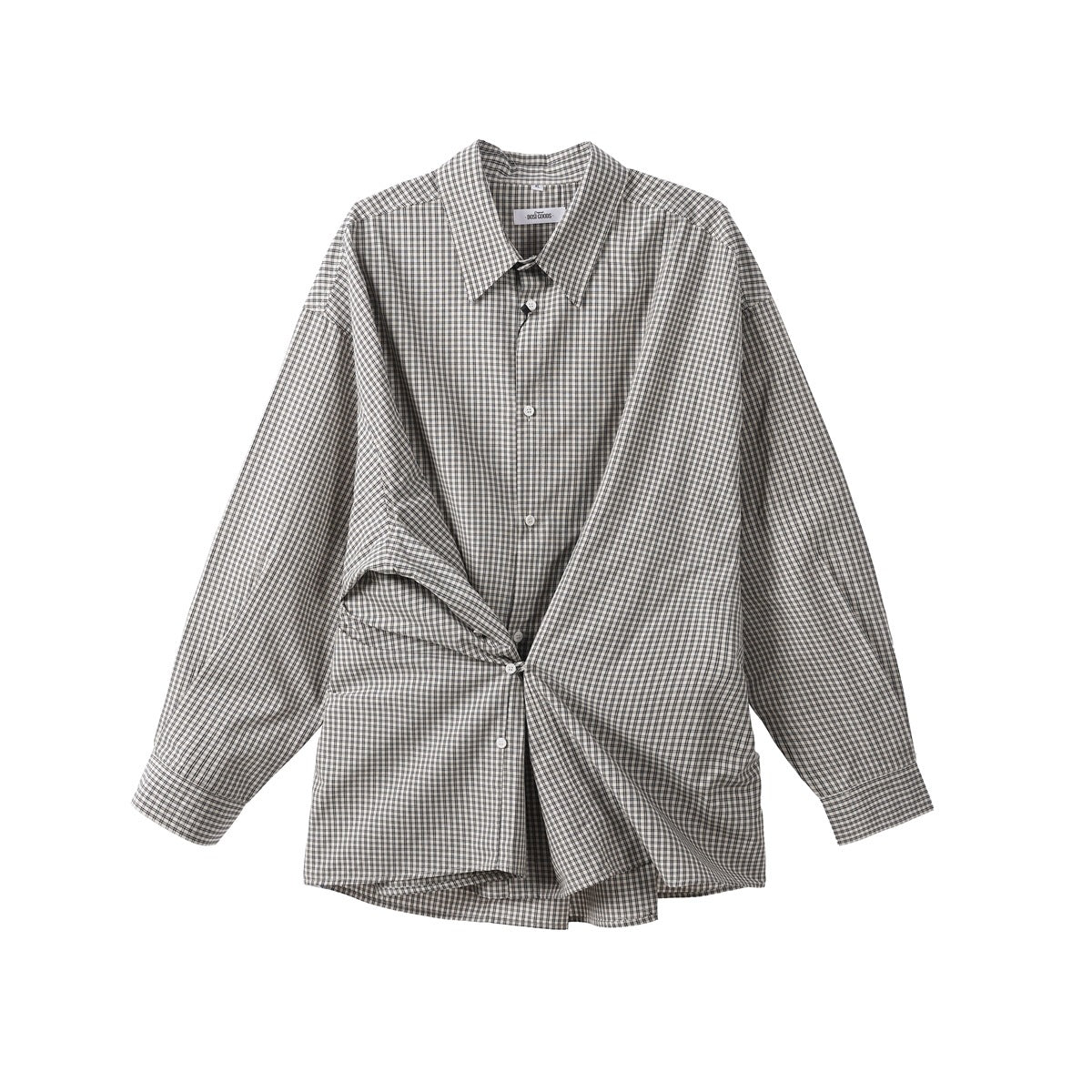 Flat-lay front of a gingham button-up shirt with the hem twisted and gathered at the waist with a button
