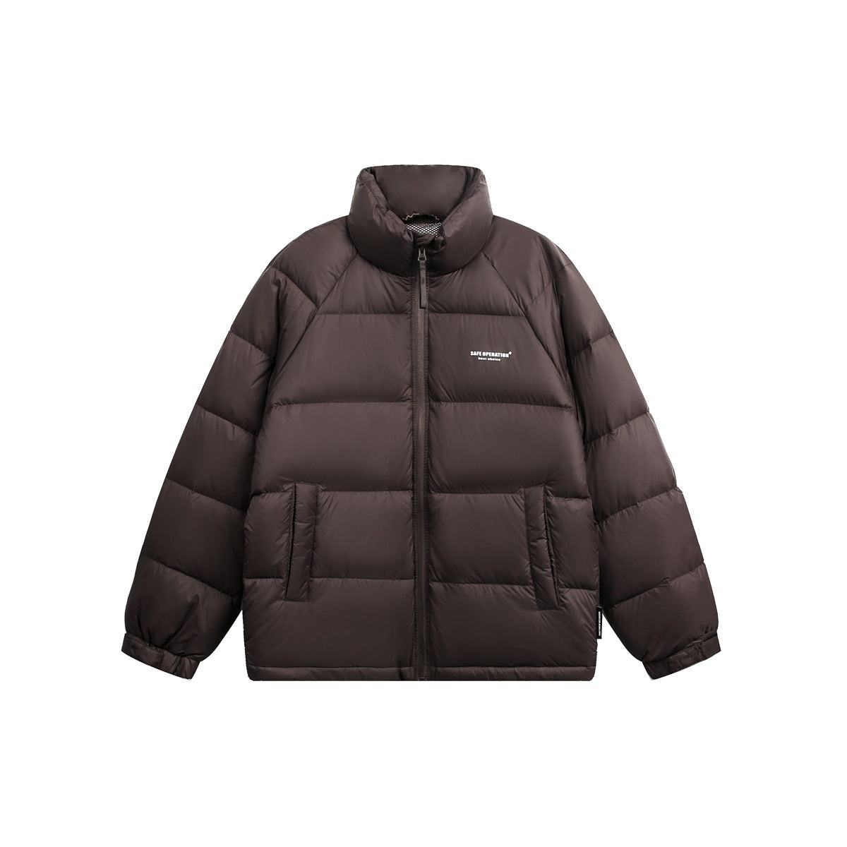 Dark brown quilted puffer jacket with stand collar, front zip and two front pockets on a white background